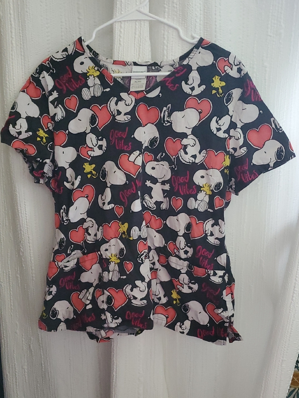 Peanuts Black Scrub Top with Red and Pink Accents